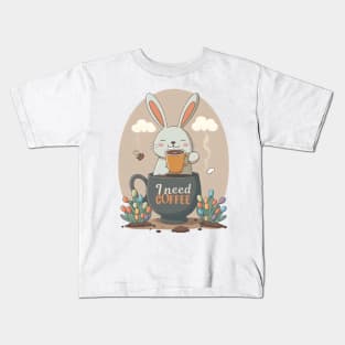 I Need Coffee - Funny Easter Bunny Floral Egg Hunting Coffee Lover Kids T-Shirt